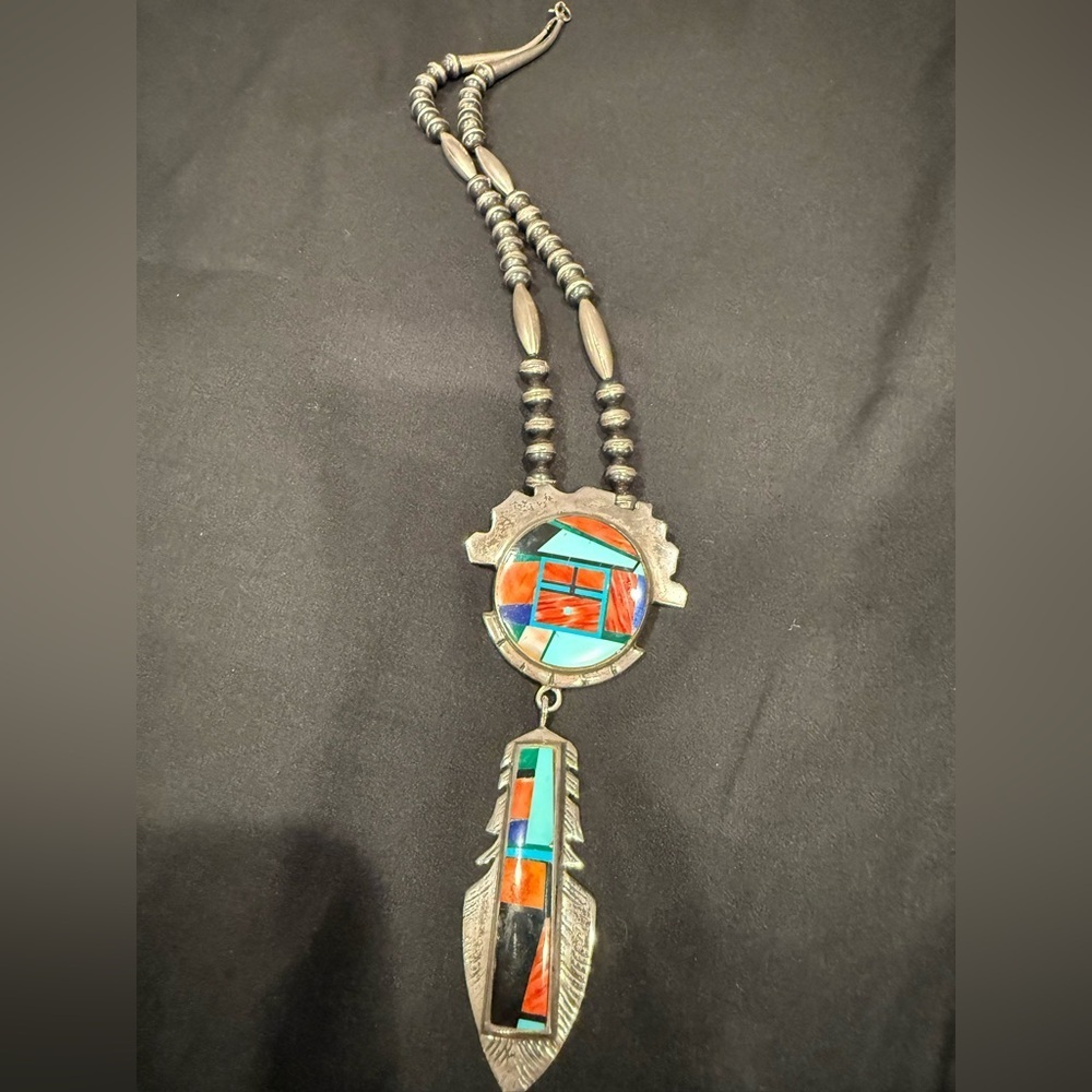 Vintage Sterling Silver Frank YellowHorse Pendant Beaded Chain Navajo Inlay - Picture 5 of 12